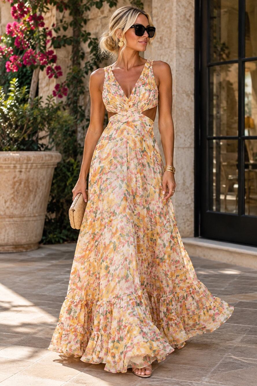 MAC DUGGAL Yellow Floral Chiffon Lace Up Tie Up Back Gown Dress size 10